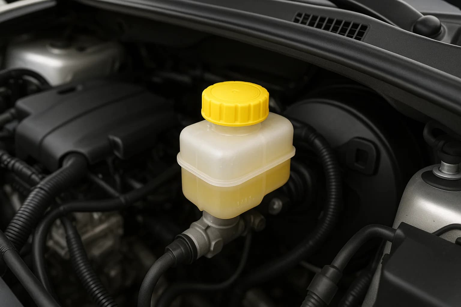 Motor bölmesindeki fren hidroliği deposu ve kapağı