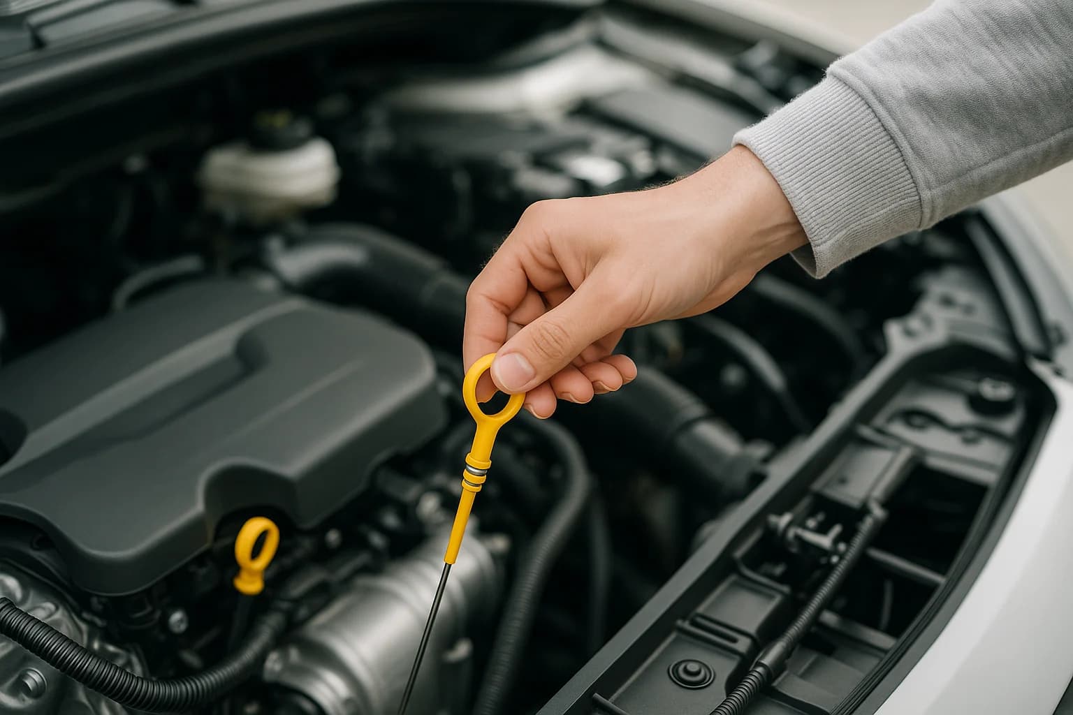 Motor yağ seviyesini kontrol etmek için çekilen yağ çubuğu